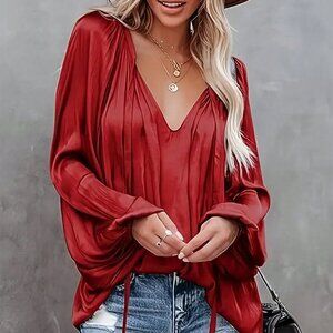 Red Casual Women's Lantern Sleeve Elegant Tie-Front Pleated Blouse